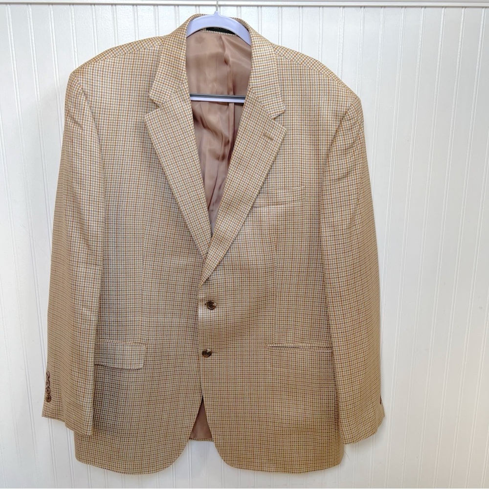 Chaps Tan & Blue Houndstooth 100% Silk Blazer Sports Jacket Men’s Size 46L